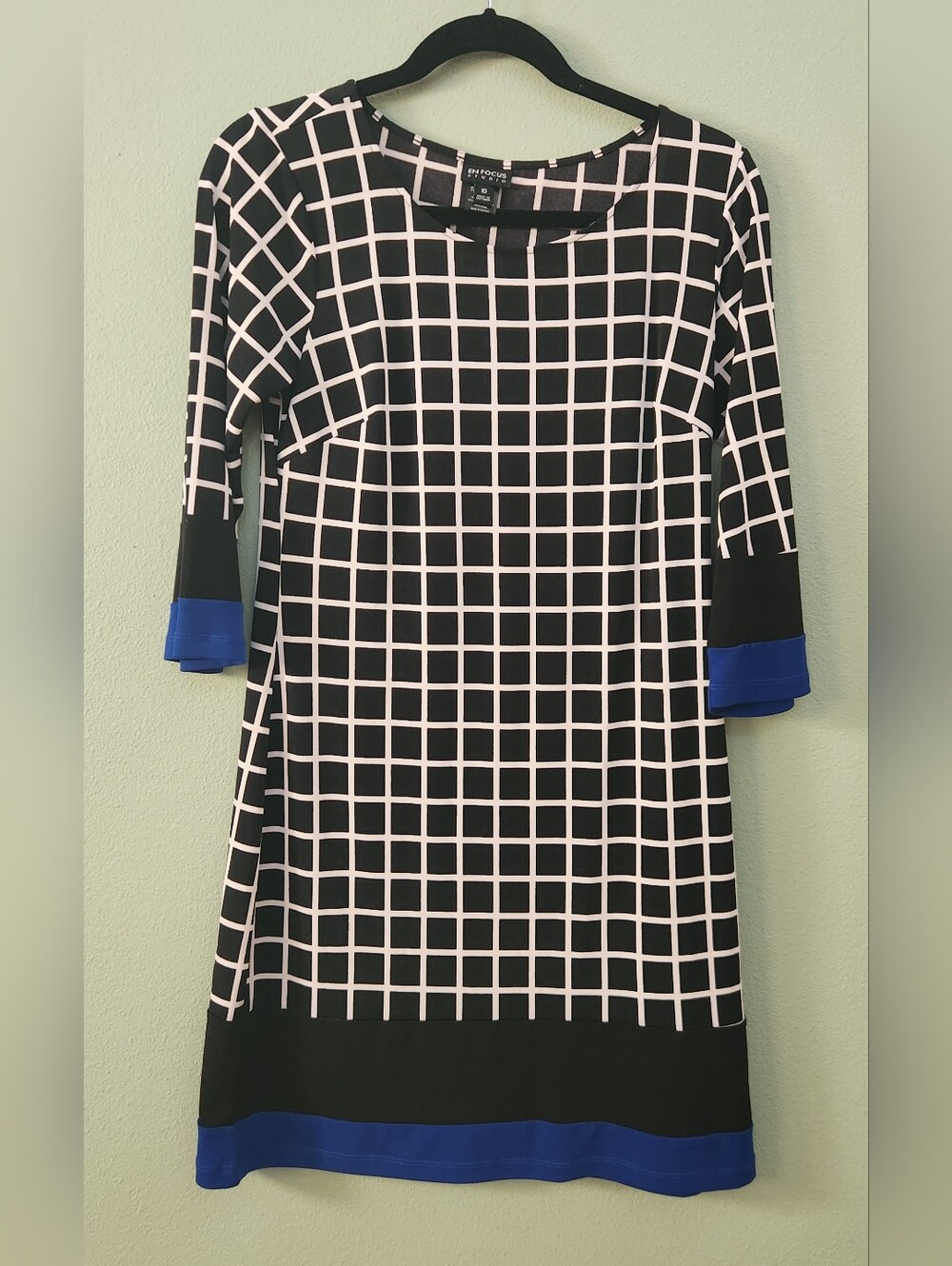 Enfocus Studio Black Grid-Print 3/4 Length Sleeve Dress with Blue Trim- Size 10